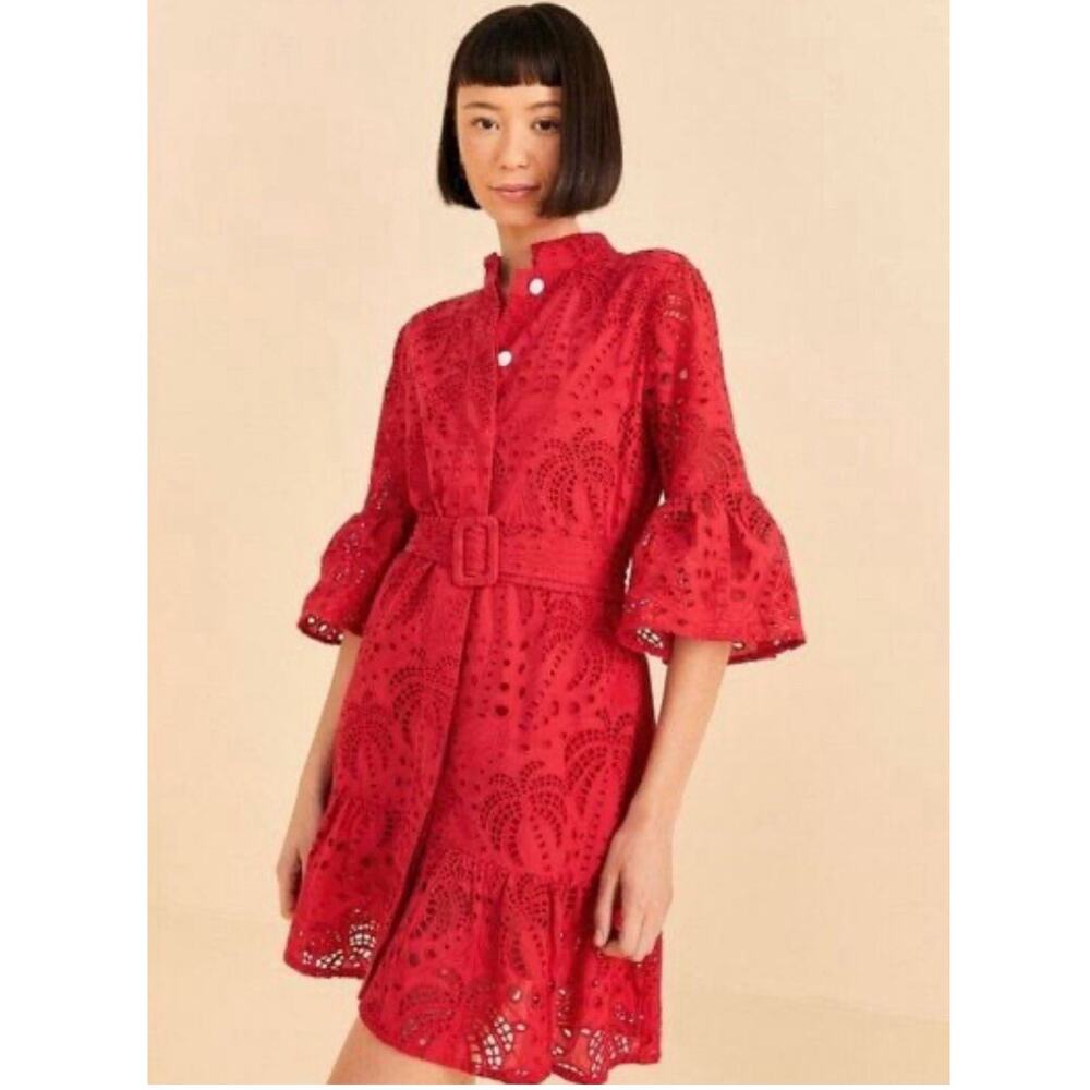 Farm Rio Red Palm Tree Mini Dress Eyelet Belted